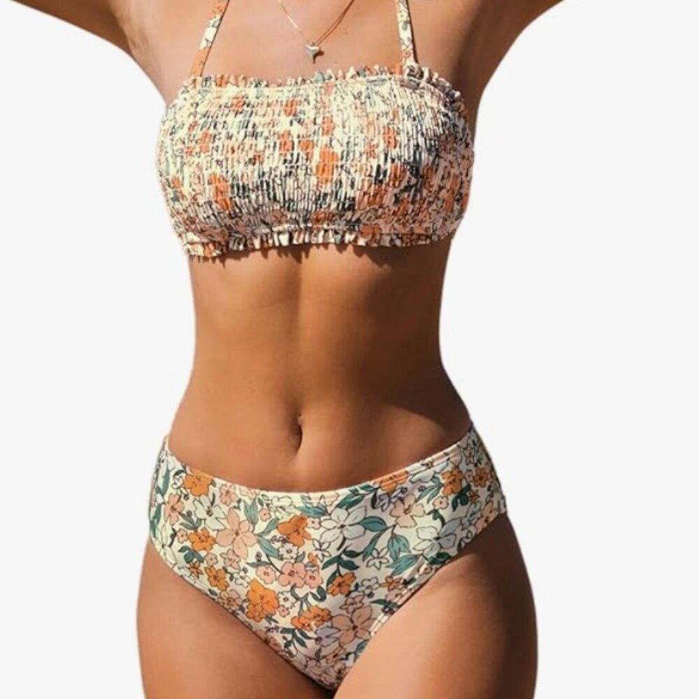 CUPSHE Bikini Set for Women Two Piece Swimsuit Bandeau Top Back Tie Mid Waisted